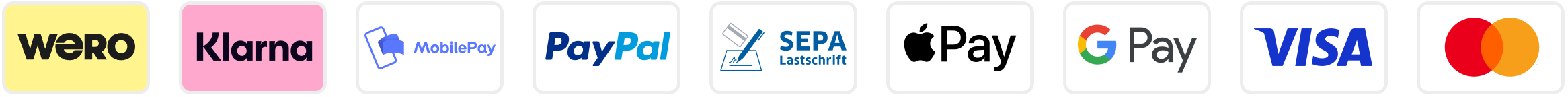 Payment methods: Wero, Klarna, MobilePay, PayPal, SEPA Direct Debit, Apple Pay, Google Pay, Visa, Mastercard